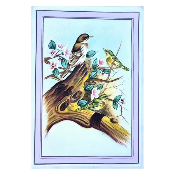 Handmade_Bird_Painting_Three_Birds_On_A_Tree_Branch_Violet_Border_White_Background