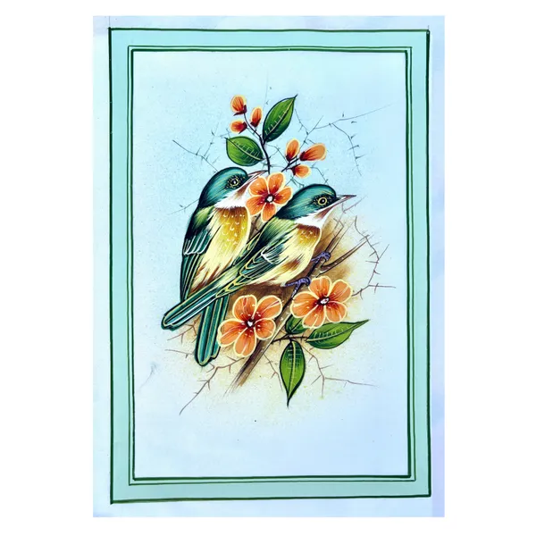 Handmade_Bird_Painting_Two_Birds_Orange_Flowers_Green_Border_White_Background