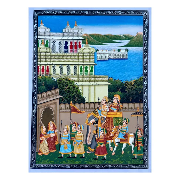 Rajasthani_Miniature_Handmade_Painting_Blue_Royal_Procession_With_City_Palace_And_Lake_Palace_In_Background