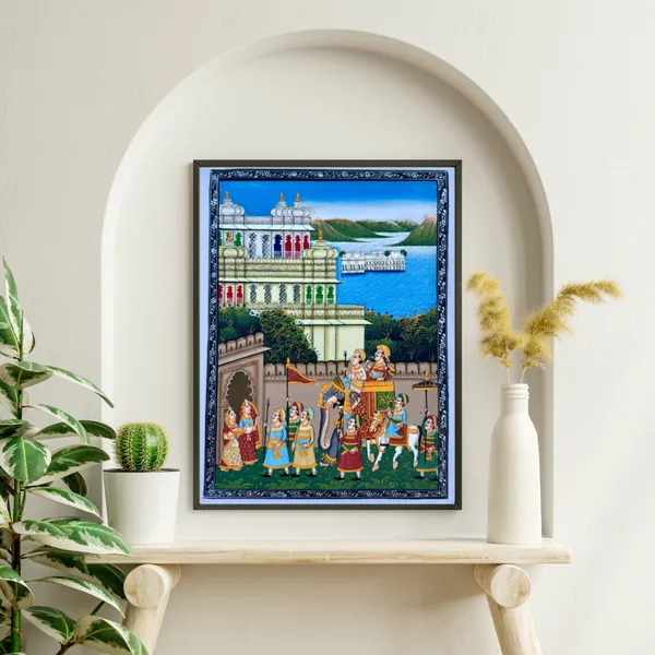 Rajasthani_Miniature_Handmade_Painting_Blue_Royal_Procession_With_City_Palace_And_Lake_Palace_In_Background