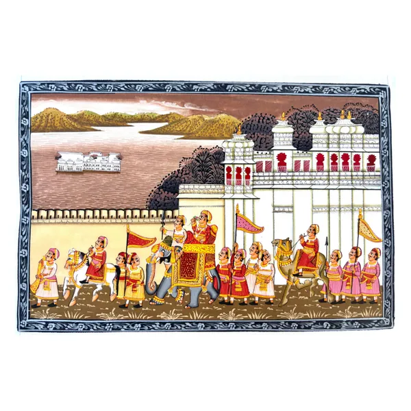 Rajasthani_Miniature_Handmade_Painting_Brown_Royal_Procession_With_City_Palace_And_Lake_Palace_In_Background