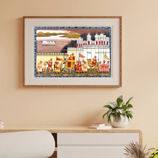 Rajasthani_Miniature_Handmade_Painting_Brown_Royal_Procession_With_City_Palace_And_Lake_Palace_In_Background