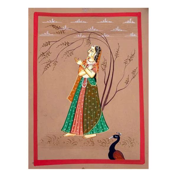 Handmade_Miniature_Painting_Ragini_With_Peacock_Rust_Colour_Background