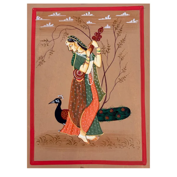 Handmade_Miniature_Painting_Ragini_With_Veena_And_Peacock_Rust_Colour_Background