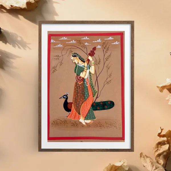 Handmade_Miniature_Painting_Ragini_With_Veena_And_Peacock_Rust_Colour_Background