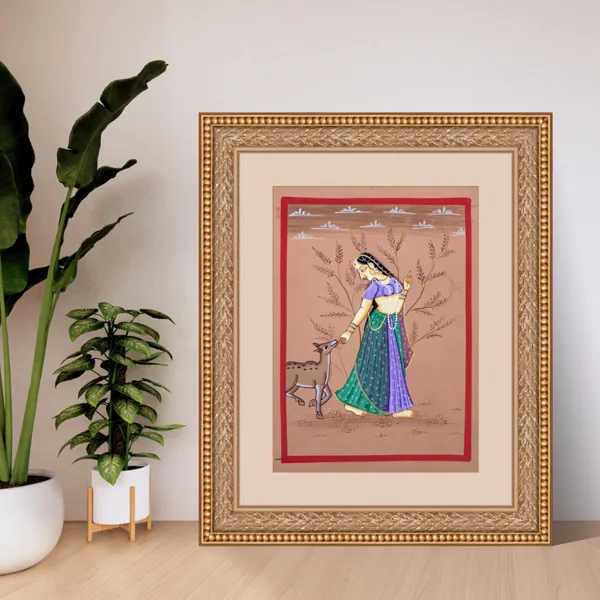 Handmade_Miniature_Painting_Ragini_With_Deer_Rust_Colour_Background