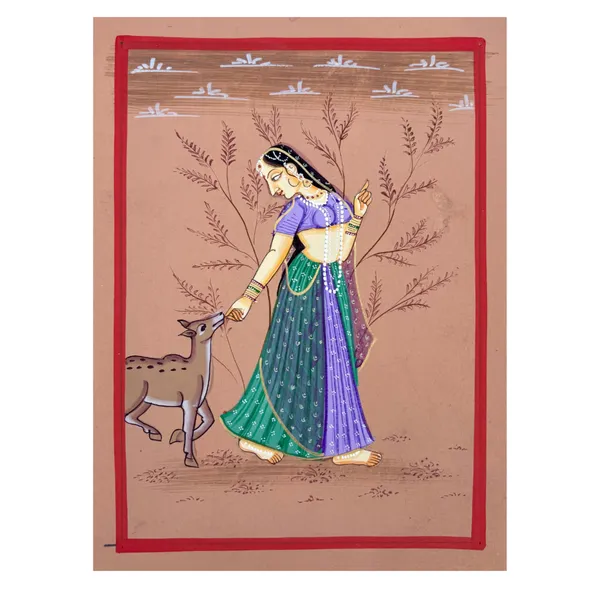 Handmade_Miniature_Painting_Ragini_With_Deer_Rust_Colour_Background