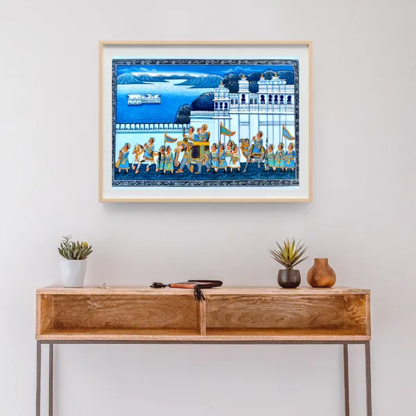 Handmade_Rajasthani_Miniature_Painting_Blue_Royal_Procession_With_City_Palace_And_Lake_Palace_In_Background