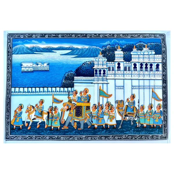 Handmade_Rajasthani_Miniature_Painting_Blue_Royal_Procession_With_City_Palace_And_Lake_Palace_In_Background