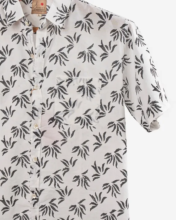 Hand_Blockprinted_Cotton_Half_Sleeve_Shirt_For_Men_Regular_Fit_White_Dark_Grey_Floral