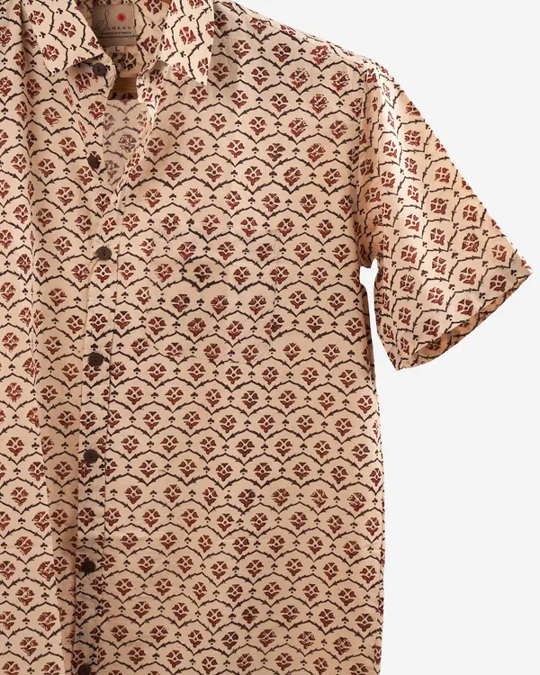 Hand_Block_Printed_Cotton_Half_Sleeve_Shirt_For_Men_Regular_Fit_Beige