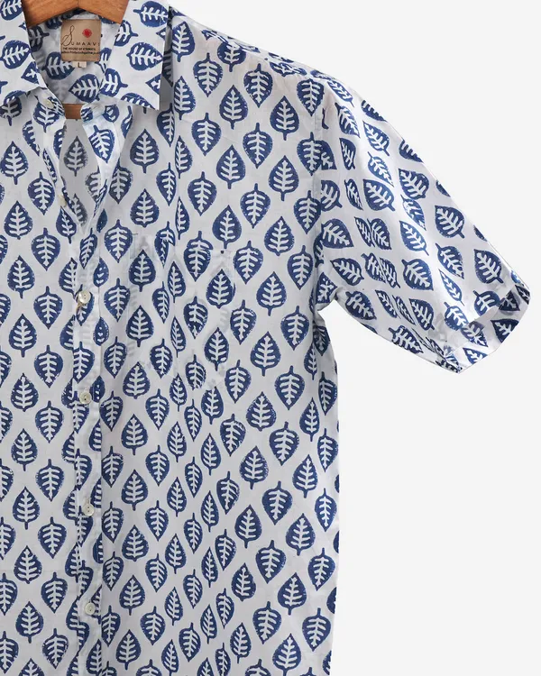 Hand_Blockprinted_Cotton_Half_Sleeve_Shirt_For_Men_Regular_Fit_White_Blue_Motifs