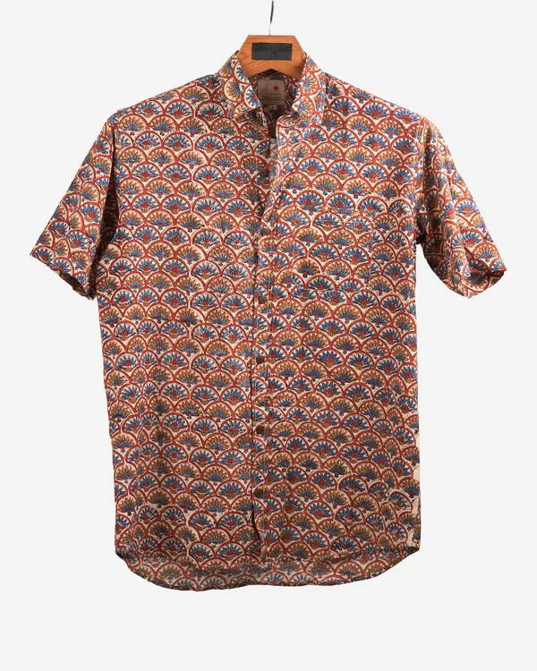 Hand_Blockprinted_Cotton_Half_Sleeve_Shirt_For_Men_Regular_Fit_Beige_Blue_Motifs