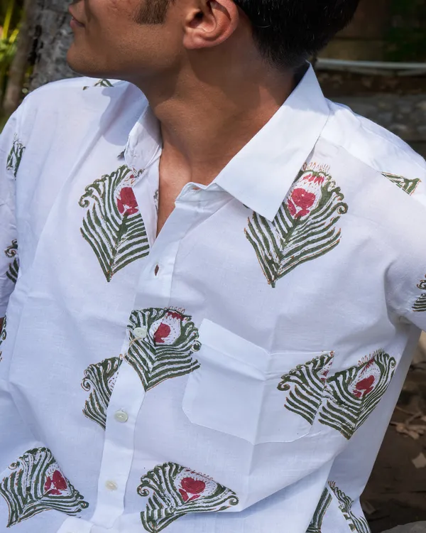 Hand_Blockprinted_Cotton_Half_Sleeve_Shirt_For_Men_Regular_Fit_White_Green_Morpankh