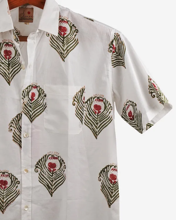 Hand_Blockprinted_Cotton_Half_Sleeve_Shirt_For_Men_Regular_Fit_White_Green_Morpankh