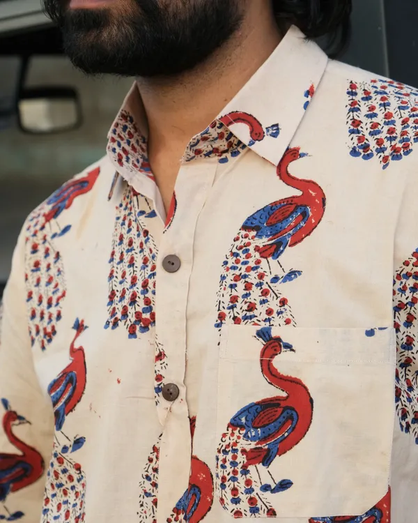 Hand_Blockprinted_Cotton_Half_Sleeve_Shirt_For_Men_Regular_Fit_Beige_Peacock_Design
