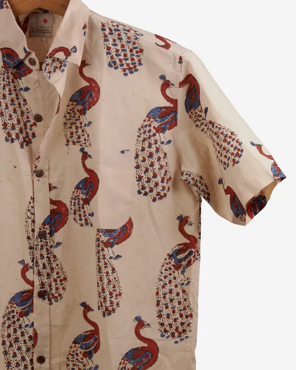 Hand_Blockprinted_Cotton_Half_Sleeve_Shirt_For_Men_Regular_Fit_Beige_Peacock_Design