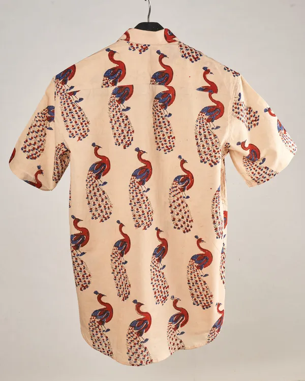 Hand_Blockprinted_Cotton_Half_Sleeve_Shirt_For_Men_Regular_Fit_Beige_Peacock_Design