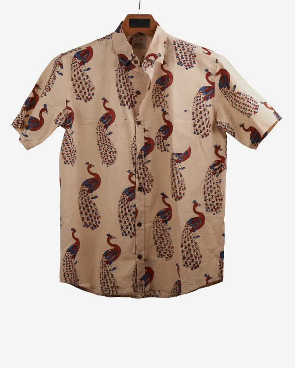 Hand_Blockprinted_Cotton_Half_Sleeve_Shirt_For_Men_Regular_Fit_Beige_Peacock_Design