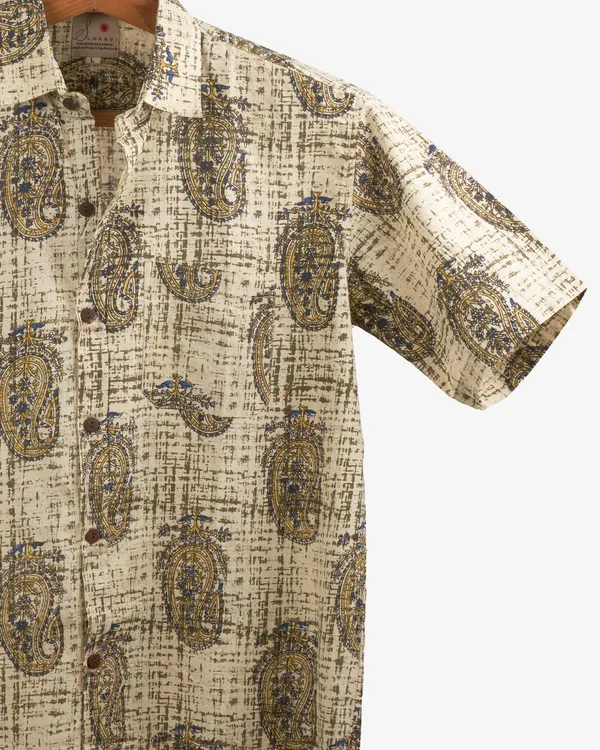 Hand_Blockprinted_Cotton_Half_Sleeve_Shirt_For_Men_Regular_Fit_Beige_Black_Paisley_Design