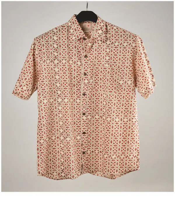 Hand_Blockprinted_Cotton_Half_Sleeve_Shirt_For_Men_Regular_Fit_Beige_Geometric_Pattern