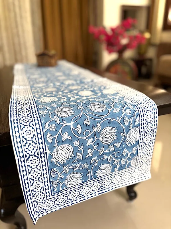 Hand_Block_Printed_Table_Runner_Light_Blue_Lotus_Design