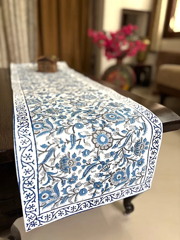Hand_Block_Printed_Table_Runner_Blue_Grey_Floral_Design
