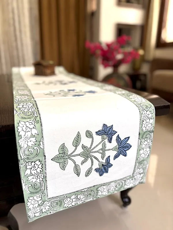Hand_Block_Printed_Table_Runner_Green_Blue_Mughlai_Design