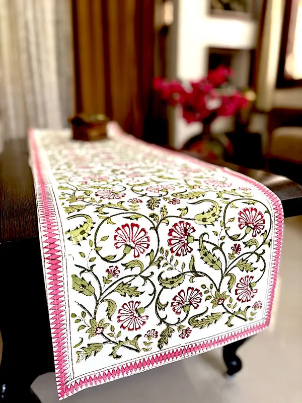 Hand_Block_Printed_Table_Runner_Pink_Green_Floral_Design