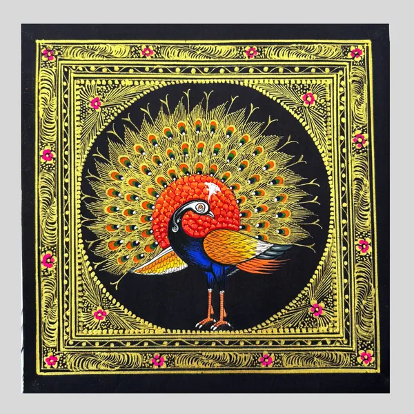 Rajasthani_Handmade_Miniature_Painting_Royal_Peacock_Right_Facing_Orange_Colour_With_Golden_Detailing