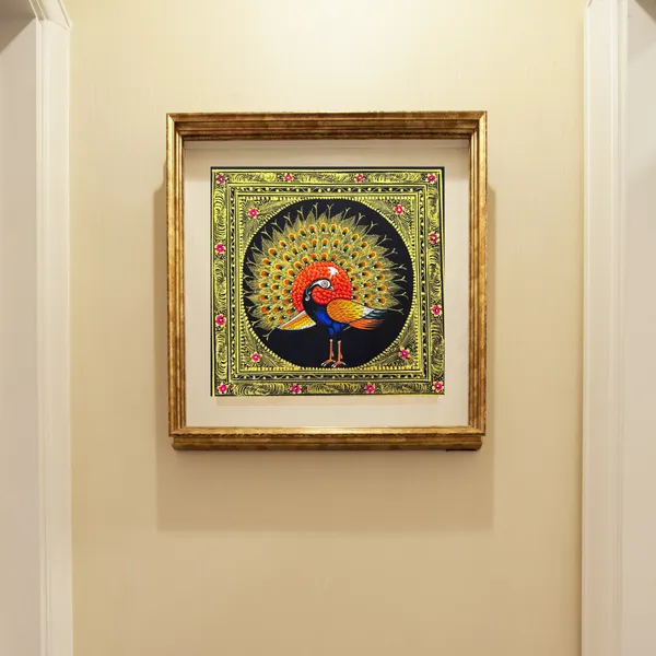 Rajasthani_Handmade_Miniature_Painting_Royal_Peacock_Right_Facing_Orange_Colour_With_Golden_Detailing