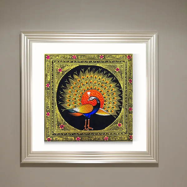 Rajasthani_Handmade_Miniature_Painting_Royal_Peacock_Left_Facing_Orange_Colour_With_Golden_Detailing