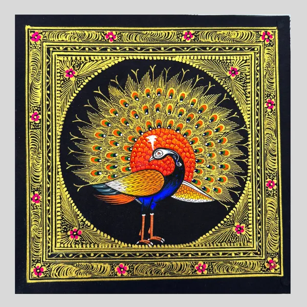Rajasthani_Handmade_Miniature_Painting_Royal_Peacock_Left_Facing_Orange_Colour_With_Golden_Detailing