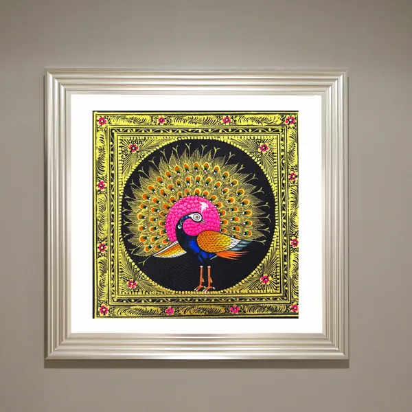 Rajasthani_Handmade_Miniature_Painting_Royal_Peacock_Right_Facing_Pink_Colour_With_Golden_Detailing