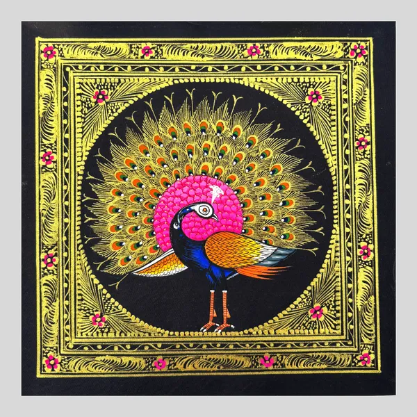 Rajasthani_Handmade_Miniature_Painting_Royal_Peacock_Right_Facing_Pink_Colour_With_Golden_Detailing