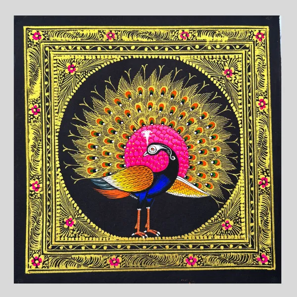 Rajasthani_Handmade_Miniature_Painting_Royal_Peacock_Left_Facing_Pink_Colour_With_Golden_Detailing