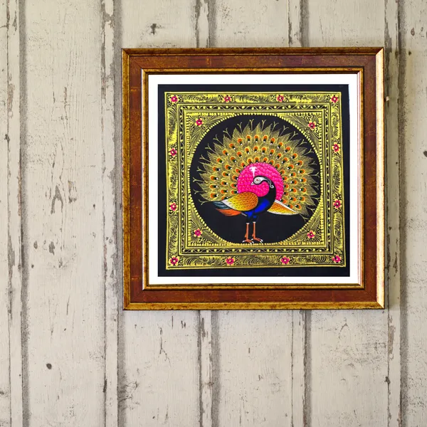 Rajasthani_Handmade_Miniature_Painting_Royal_Peacock_Left_Facing_Pink_Colour_With_Golden_Detailing