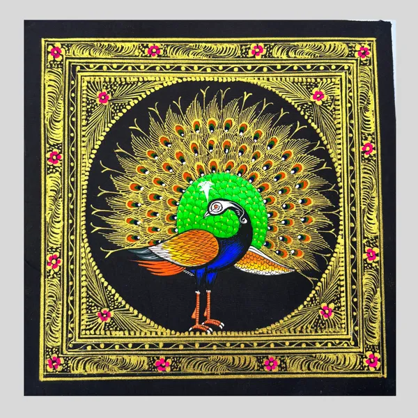 Rajasthani_Handmade_Miniature_Painting_Royal_Peacock_Left_Facing_Green_Colour_With_Golden_Detailing