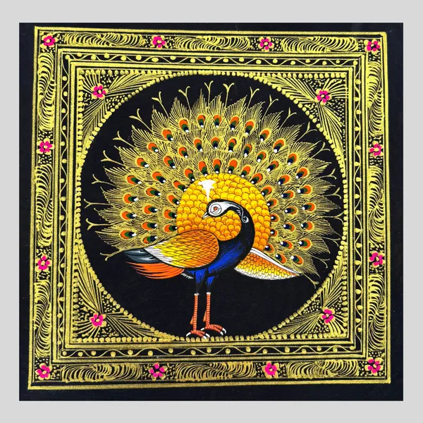 Rajasthani_Handmade_Miniature_Painting_Royal_Peacock_Left_Facing_Yellow_Colour_With_Golden_Detailing