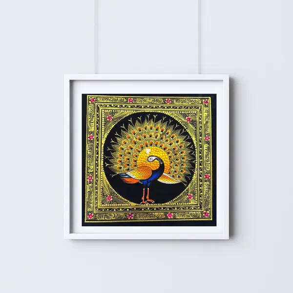 Rajasthani_Handmade_Miniature_Painting_Royal_Peacock_Left_Facing_Yellow_Colour_With_Golden_Detailing
