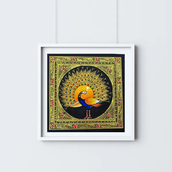 Rajasthani_Handmade_Miniature_Painting_Royal_Peacock_Right_Facing_Yellow_Colour_With_Golden_Detailing