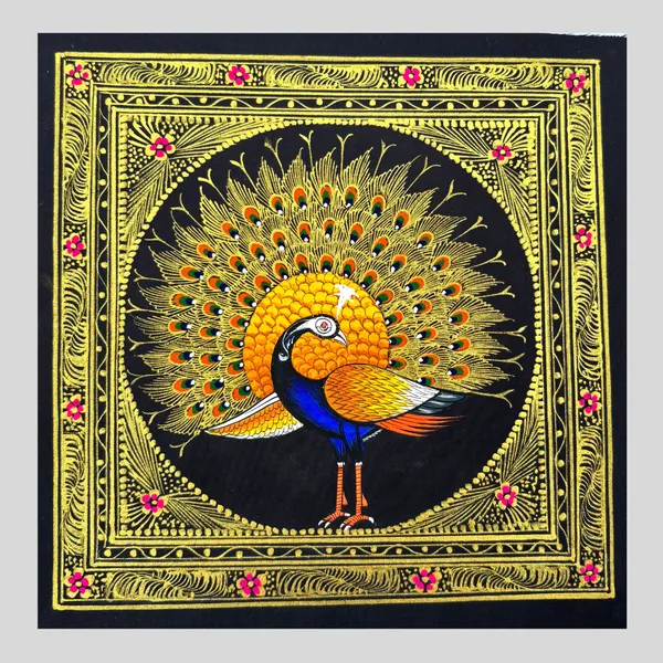 Rajasthani_Handmade_Miniature_Painting_Royal_Peacock_Right_Facing_Yellow_Colour_With_Golden_Detailing