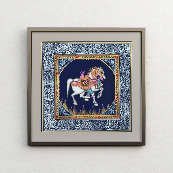 Rajasthani_Handmade_Miniature_Painting_Horse_Blue_Background_Facing_Right_With_Golden_Detailing