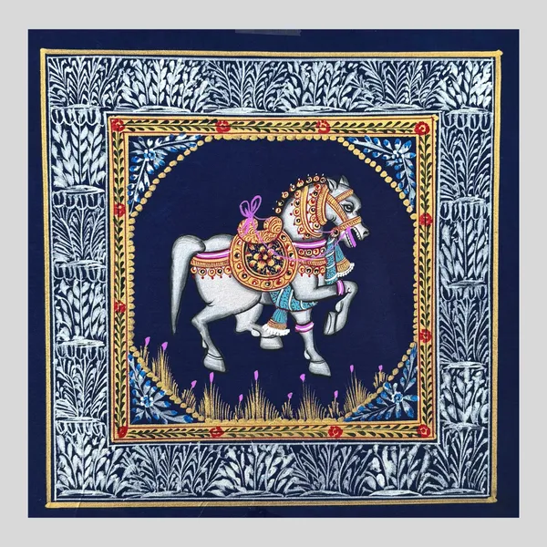 Rajasthani_Handmade_Miniature_Painting_Horse_Blue_Background_Facing_Right_With_Golden_Detailing