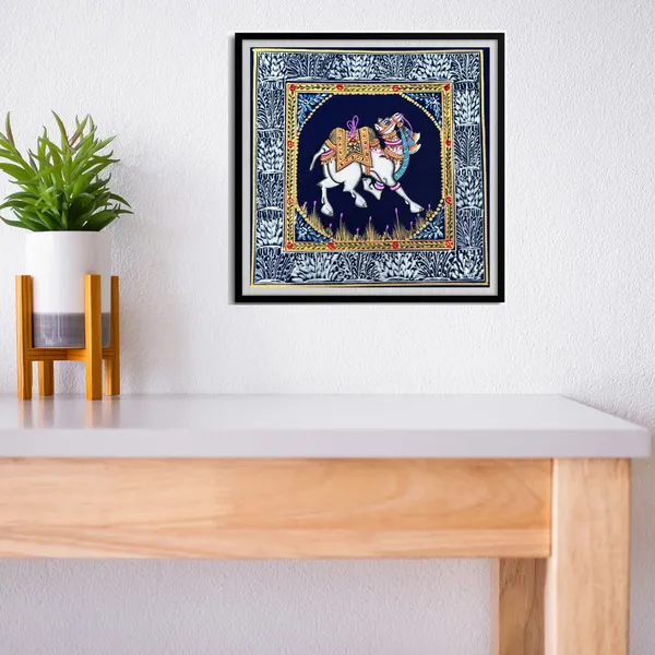Rajasthani_Handmade_Miniature_Painting_Camel_Blue_Background_Facing_Right_With_Golden_Detailing