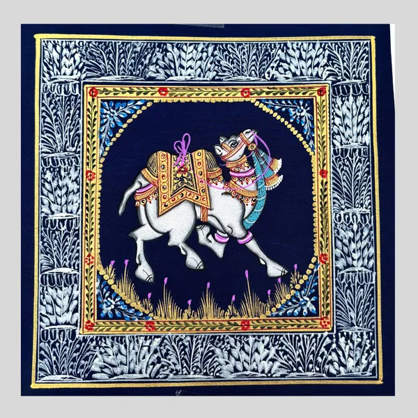 Rajasthani_Handmade_Miniature_Painting_Camel_Blue_Background_Facing_Right_With_Golden_Detailing