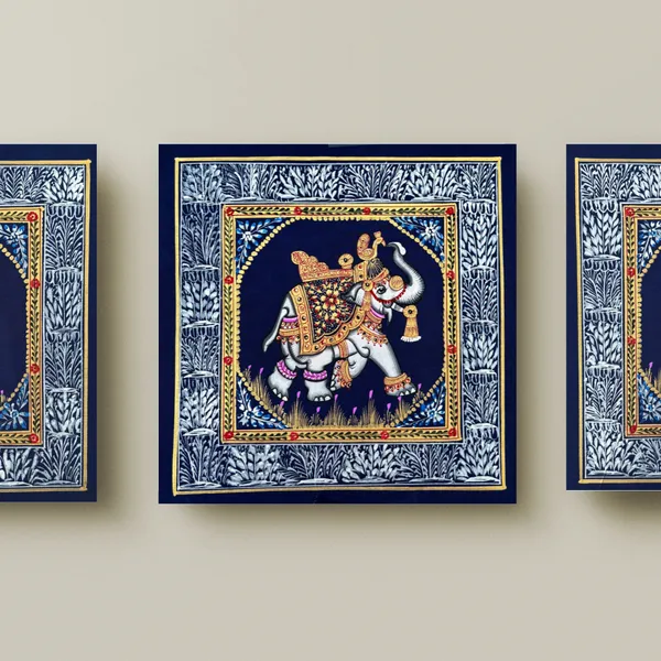 Rajasthani_Handmade_Miniature_Painting_Elephant_Blue_Background_Facing_Right_With_Golden_Detailing
