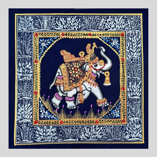 Rajasthani_Handmade_Miniature_Painting_Elephant_Blue_Background_Facing_Right_With_Golden_Detailing
