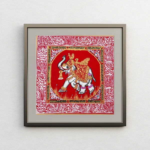 Rajasthani_Handmade_Miniature_Painting_Elephant_Red_Background_Facing_Left_With_Golden_Detailing