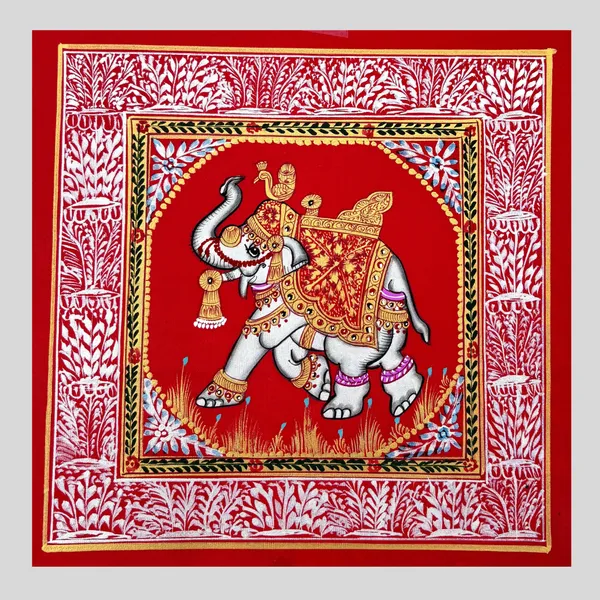 Rajasthani_Handmade_Miniature_Painting_Elephant_Red_Background_Facing_Left_With_Golden_Detailing